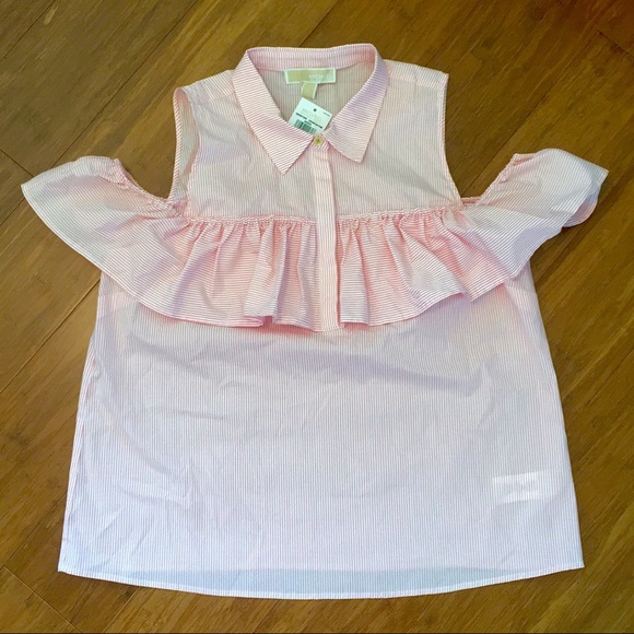 MICHAEL KORS coral cold shoulder stripe ruffle top - Picture 2 of 8